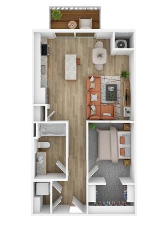Floor plan for 1 bed, 1 bath, 651 sqft